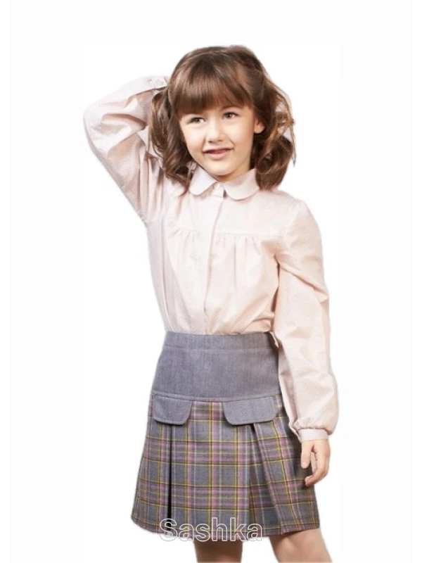 Спідниця для дівчинки Sashka шкільна на кокетці сіро-рожева клітинка, розмір 116-146 